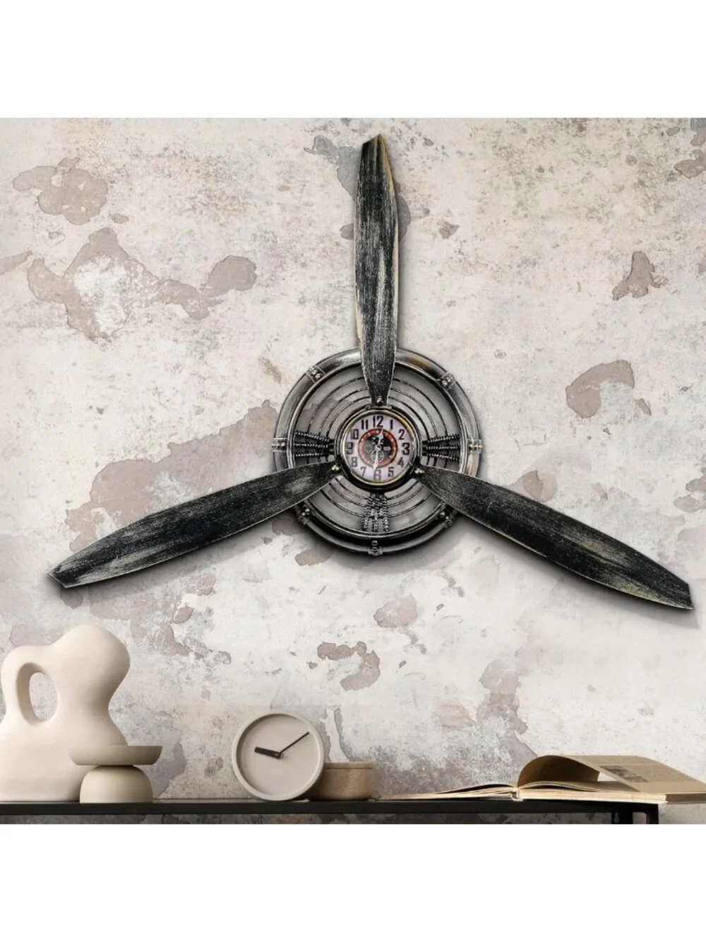 Vintage Airplane Propeller Wall Clock Decor - Metal Art, 29.5